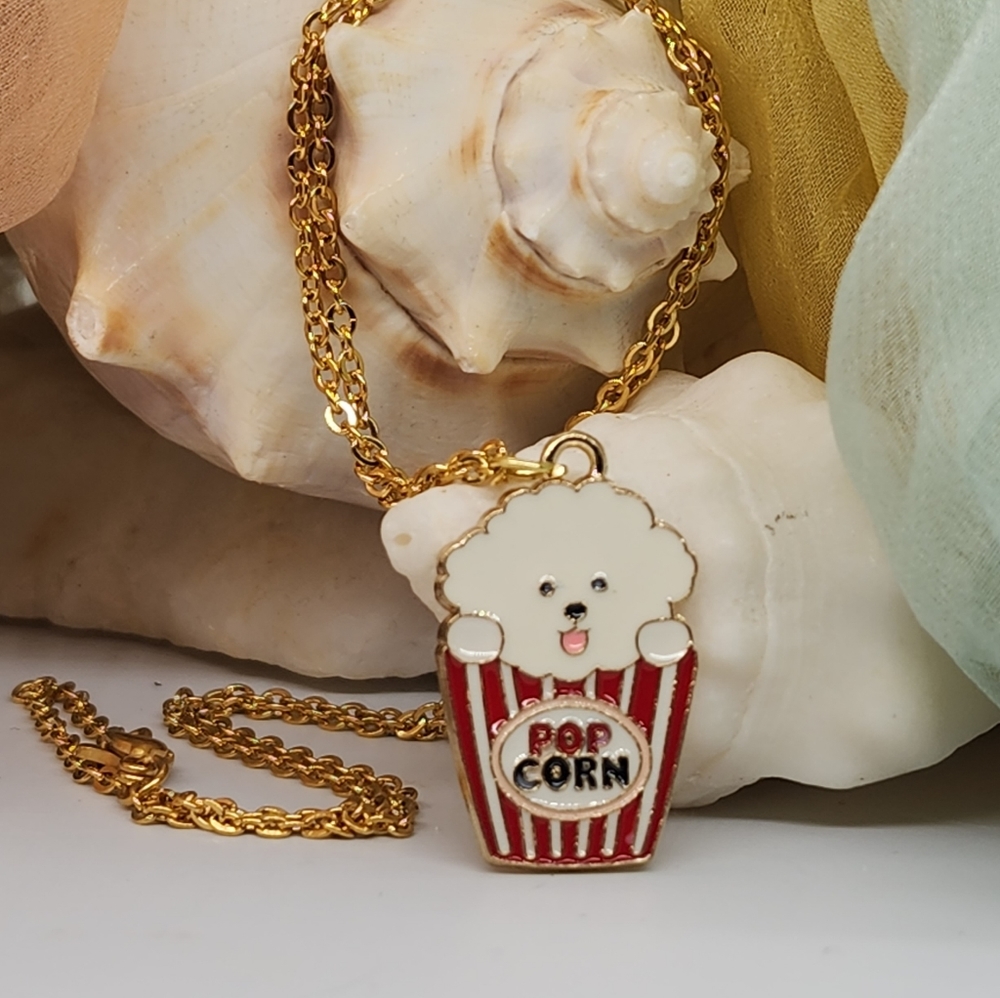 ❤️ Gold Dog Pendant Popcorn 14K Gold plated Chain Necklace